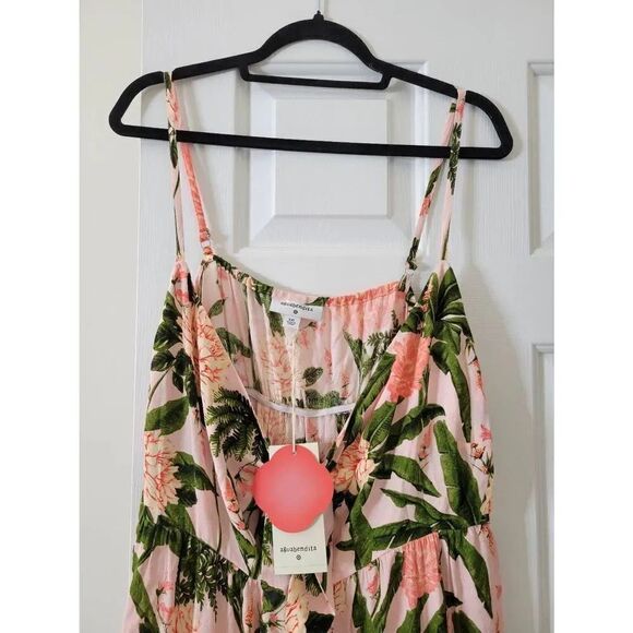 Agua Bendita x Target Womens XL Peony Print Tie-Front Midi Dress Blush/Olive XXL - Picture 4 of 12
